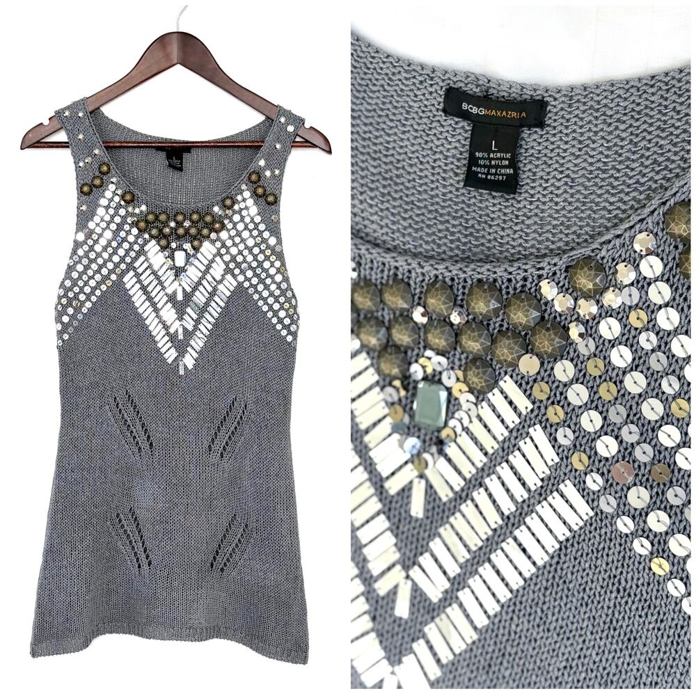 BCBG Beaded Metallic Knit Tank Top Women L Silver Y2K Crochet Sequin Festival